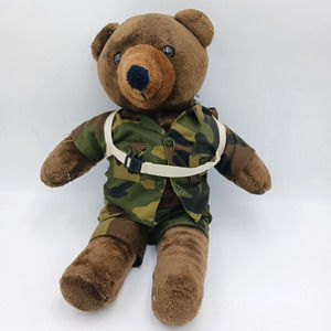 Vintage 1987 Stuffed Brown Army Paratrooper Bear 19", Camo‎ Fatigues